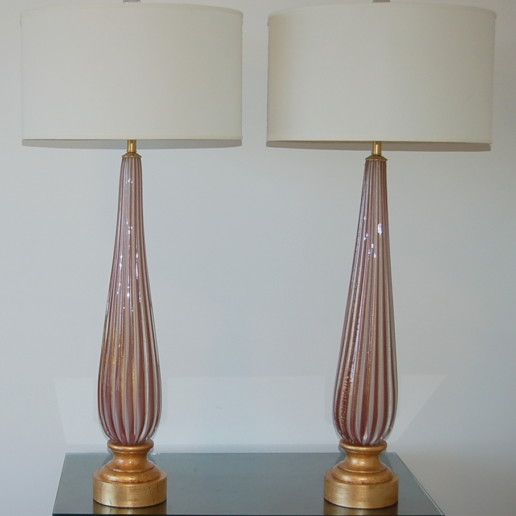 Vintage Murano Elegant Pair of Striped Lamps in Plum and Cream