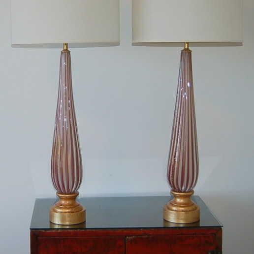 Vintage Murano Elegant Pair of Striped Lamps in Plum and Cream