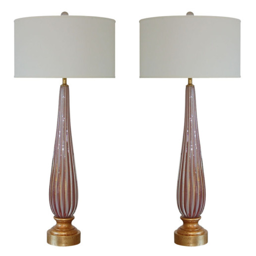 Vintage Murano Elegant Pair of Striped Lamps in Plum and Cream