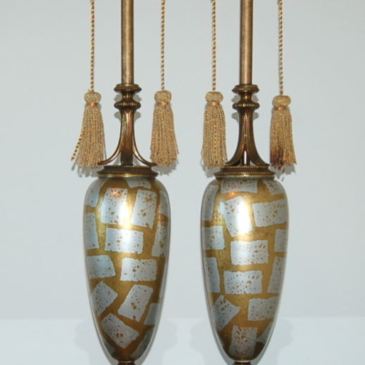 Statuesque Mid Century Eglomise Glass Lamps