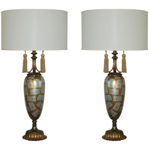 Statuesque Mid Century Eglomise Glass Lamps