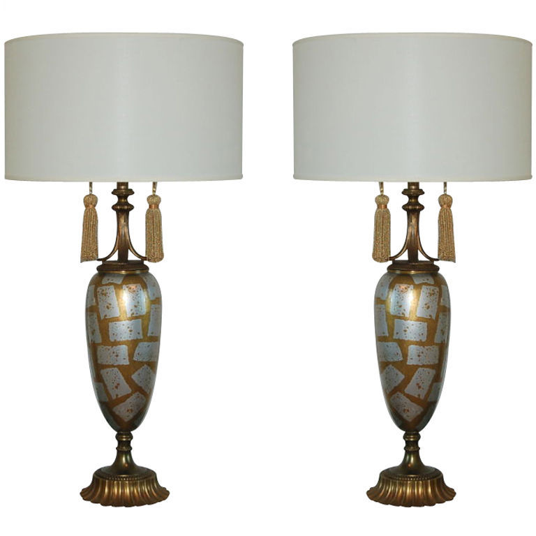 Statuesque Mid Century Eglomise Glass Lamps