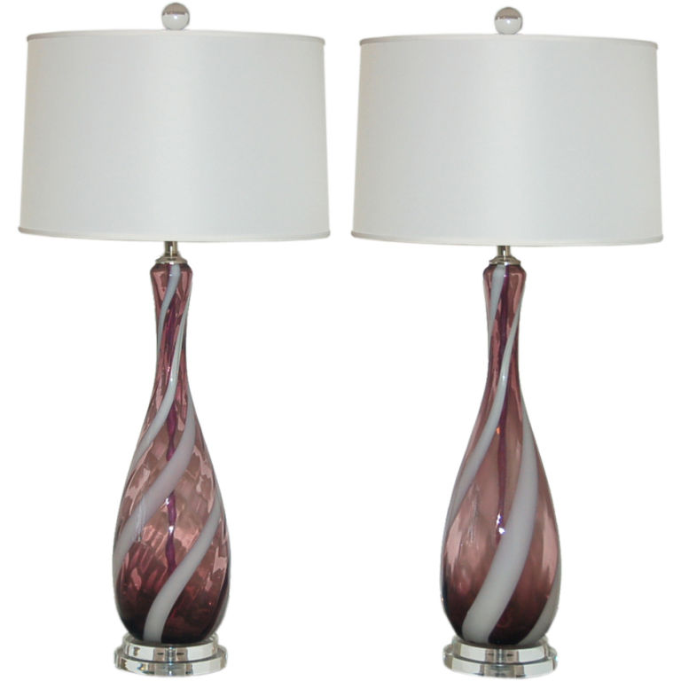 Vintage Italian Glass Lamps in Grape with White Ribbon Swirl