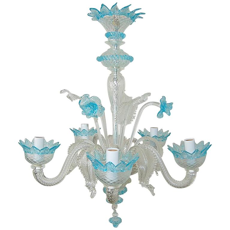 Vintage Murano Glass Chandelier Of Murano Crystal With Blue