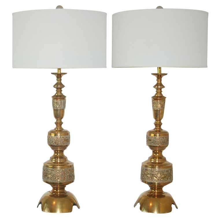 Intricately Carved Vintage Brass Table, Vintage Brass Lamps